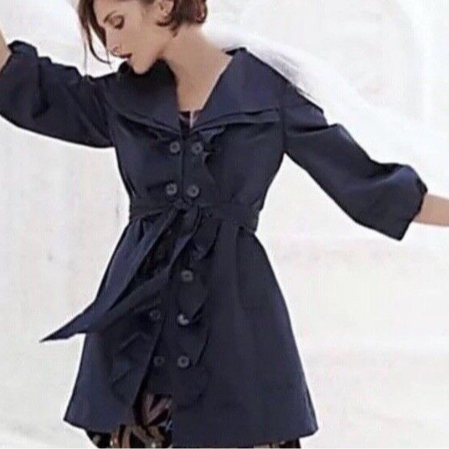 Anthropologie Idra Double Ruffle Trench Coat Jacket Midnight Blue, Size 6